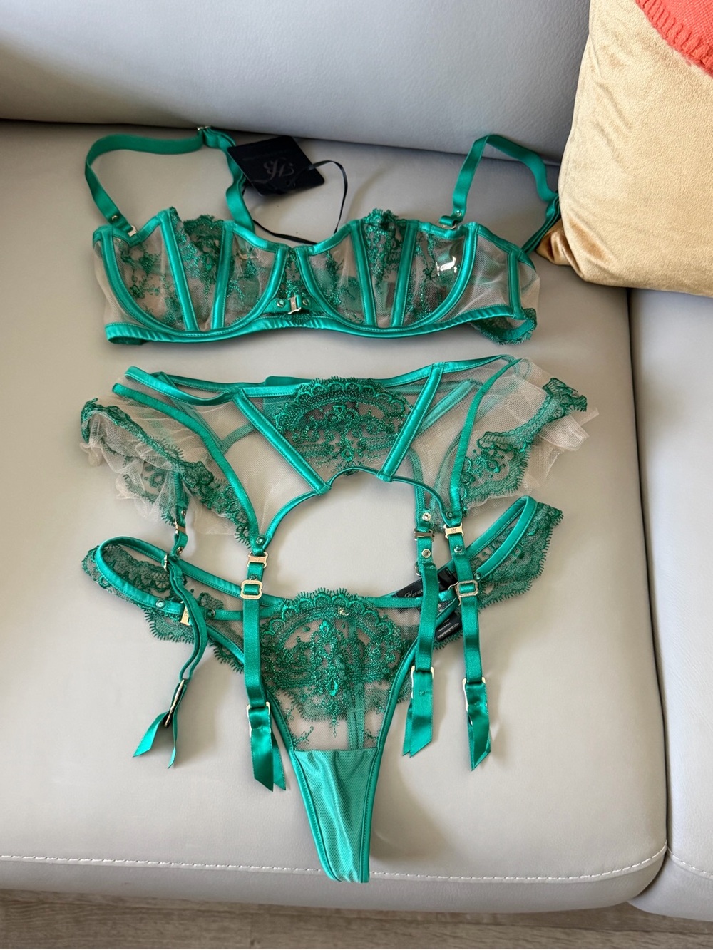 Elegant Teal Lace Lingerie Set bra - thongs- belt